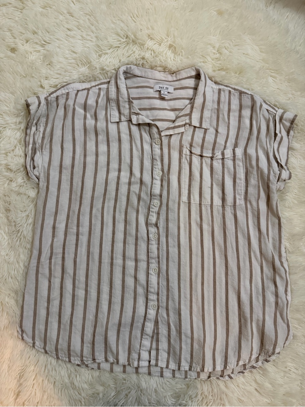 Per Se Cream and Tan Vertical-Stripe Button Front Blouse
